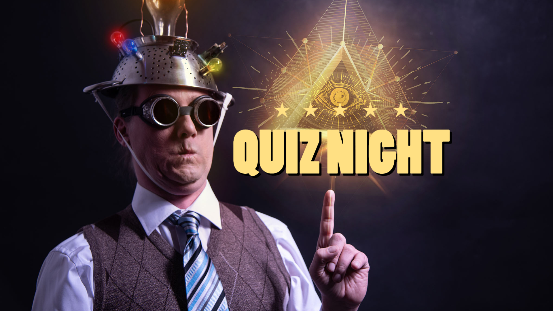 Crazy looking man pointing to a sign that says Quiz Night